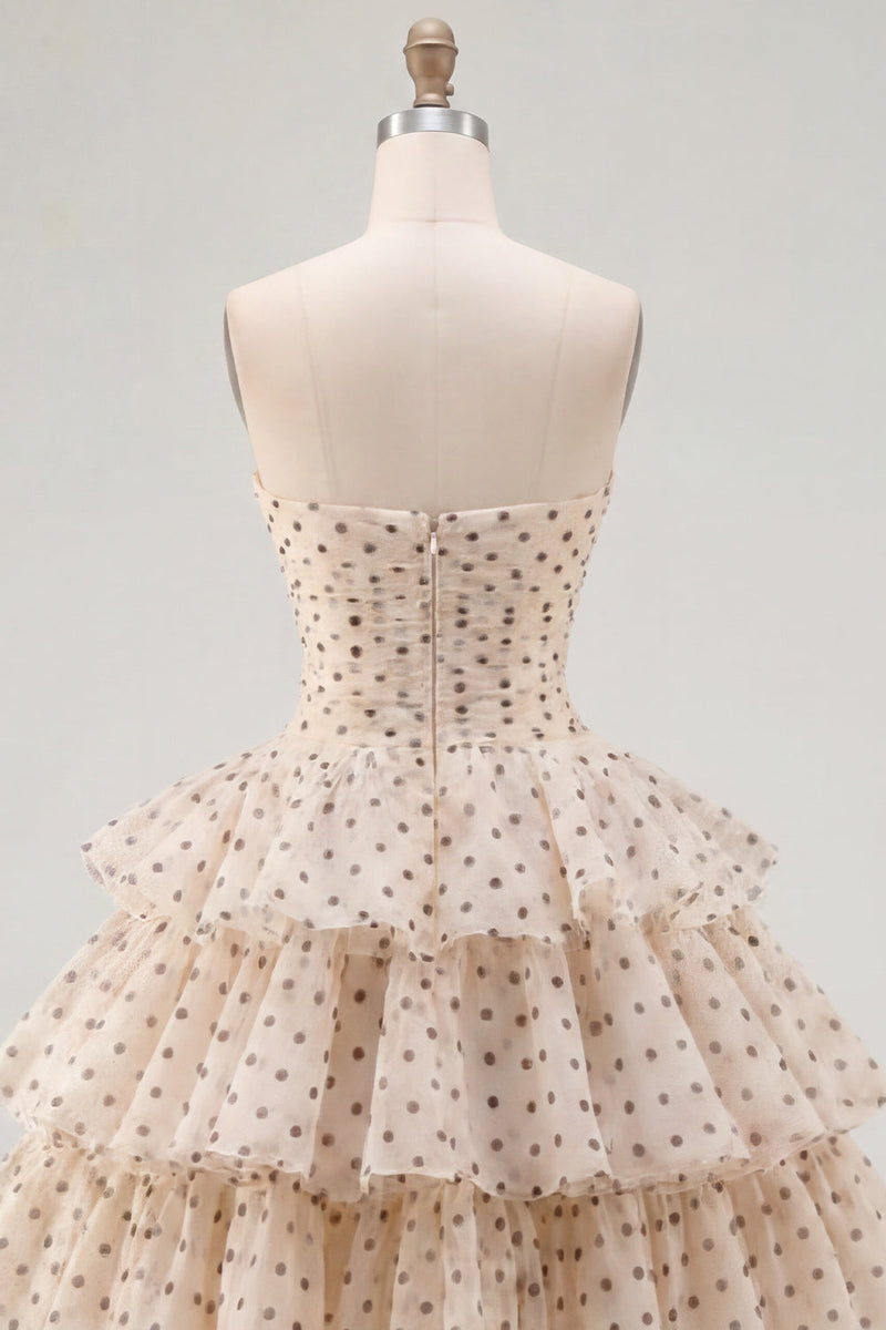 Load image into Gallery viewer, Apricot and Black Dot Strapless A Line Short Homecoming Dress with Keyhole