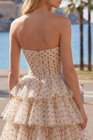 Load image into Gallery viewer, Apricot and Black Dot Strapless A Line Short Homecoming Dress with Keyhole