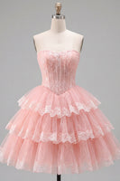 Load image into Gallery viewer, Pink Floral Strapless Lace Short Corset Homecoming Dress with Ruffles