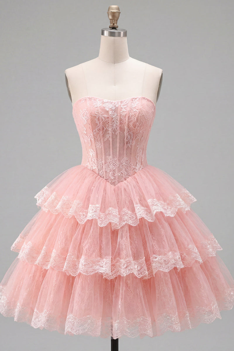 Load image into Gallery viewer, Pink Floral Strapless Lace Short Corset Homecoming Dress with Ruffles