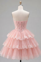 Load image into Gallery viewer, Pink Floral Strapless Lace Short Corset Homecoming Dress with Ruffles