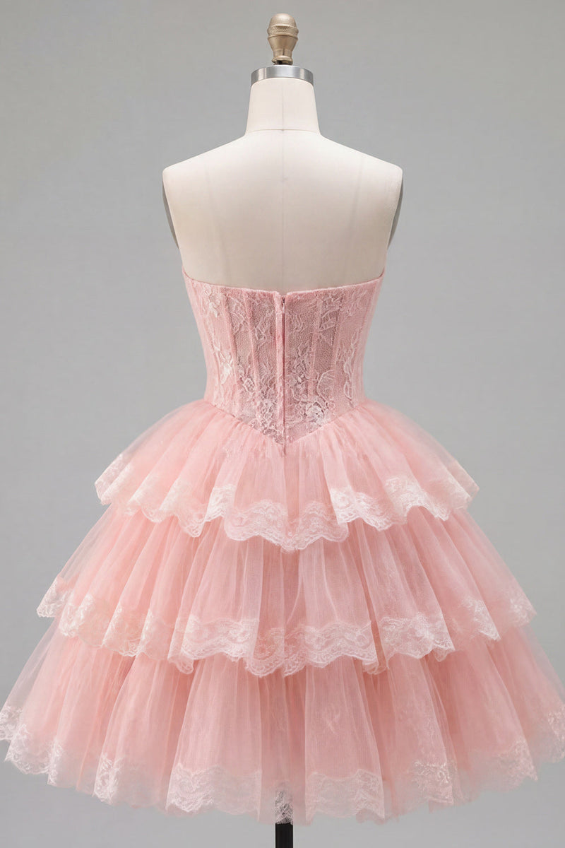 Load image into Gallery viewer, Pink Floral Strapless Lace Short Corset Homecoming Dress with Ruffles