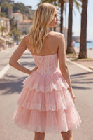 Load image into Gallery viewer, Pink Floral Strapless Lace Short Corset Homecoming Dress with Ruffles