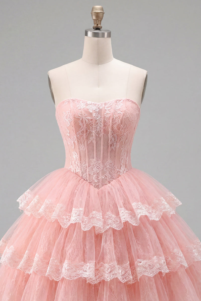 Load image into Gallery viewer, Pink Floral Strapless Lace Short Corset Homecoming Dress with Ruffles