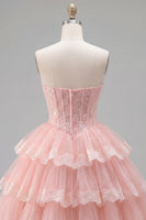 Load image into Gallery viewer, Pink Floral Strapless Lace Short Corset Homecoming Dress with Ruffles