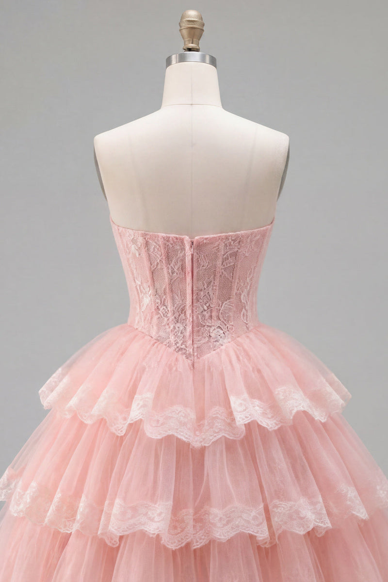 Load image into Gallery viewer, Pink Floral Strapless Lace Short Corset Homecoming Dress with Ruffles
