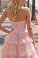 Load image into Gallery viewer, Pink Floral Strapless Lace Short Corset Homecoming Dress with Ruffles