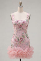 Load image into Gallery viewer, Sparkly Pink Floral Beaded Tight Short Homecoming Dress with Ruffles