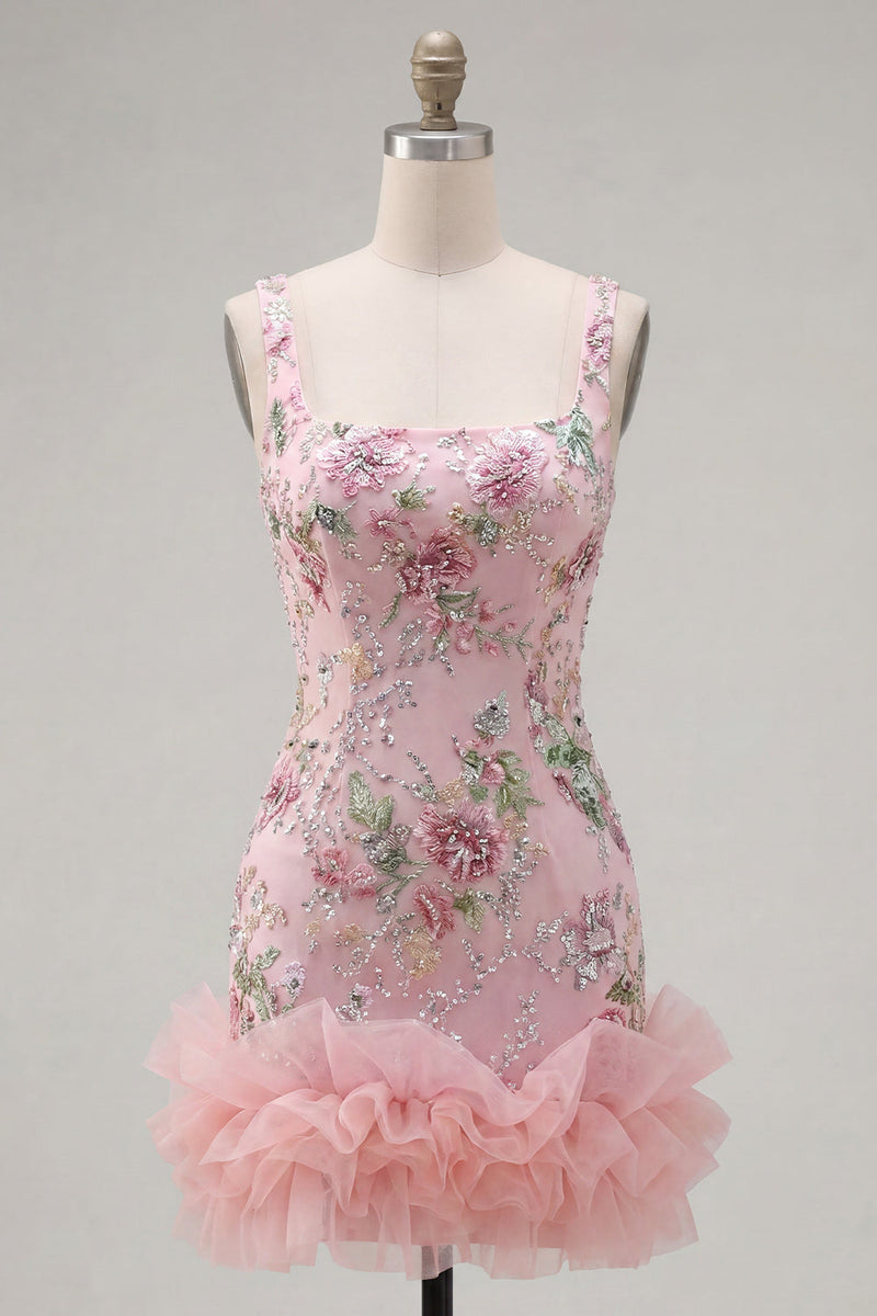 Load image into Gallery viewer, Sparkly Pink Floral Beaded Tight Short Homecoming Dress with Ruffles