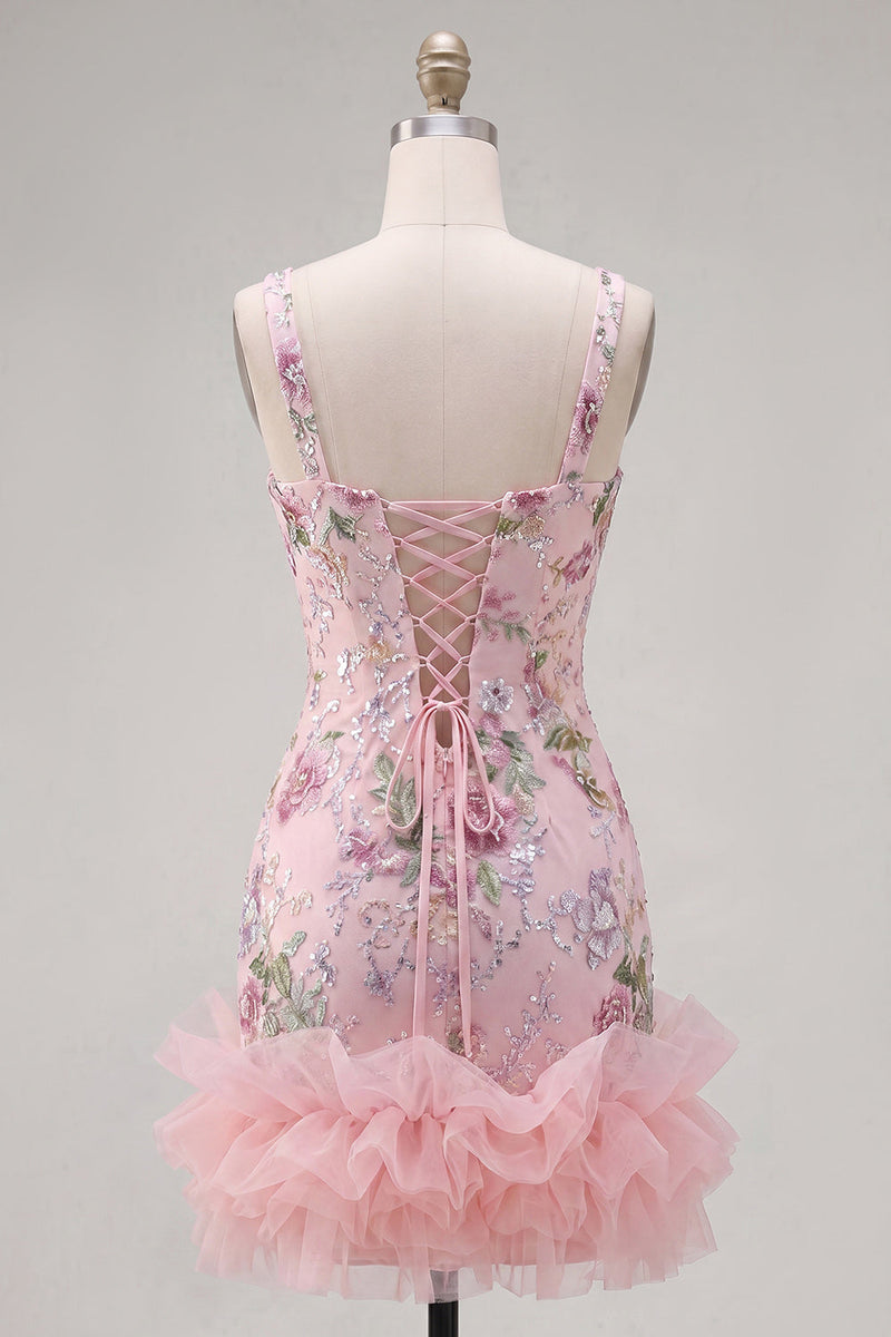 Load image into Gallery viewer, Sparkly Pink Floral Beaded Tight Short Homecoming Dress with Ruffles