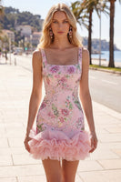 Load image into Gallery viewer, Sparkly Pink Floral Beaded Tight Short Homecoming Dress with Ruffles