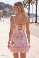 Load image into Gallery viewer, Sparkly Pink Floral Beaded Tight Short Homecoming Dress with Ruffles