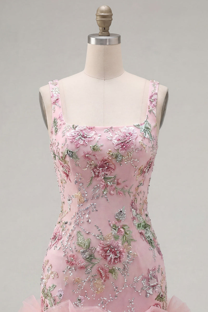Load image into Gallery viewer, Sparkly Pink Floral Beaded Tight Short Homecoming Dress with Ruffles
