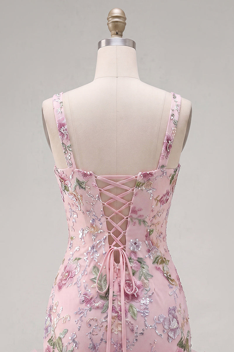 Load image into Gallery viewer, Sparkly Pink Floral Beaded Tight Short Homecoming Dress with Ruffles