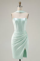 Load image into Gallery viewer, Mint Tight Ruched Strapless Corset Short Homecoming Dress with Slit