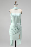 Load image into Gallery viewer, Mint Tight Ruched Strapless Corset Short Homecoming Dress with Slit