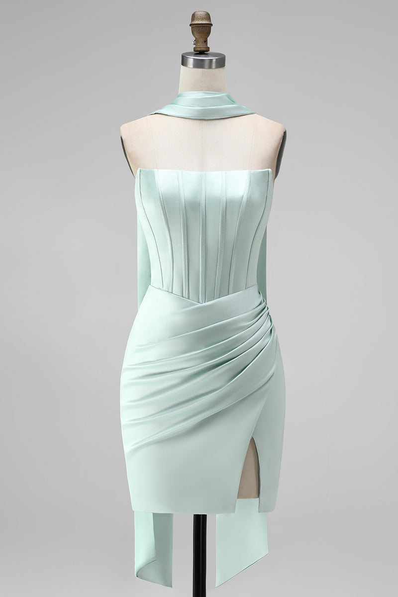 Load image into Gallery viewer, Mint Tight Ruched Strapless Corset Short Homecoming Dress with Slit
