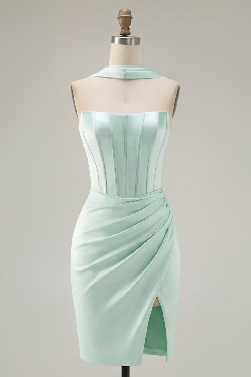 Load image into Gallery viewer, Mint Tight Ruched Strapless Corset Short Homecoming Dress with Slit