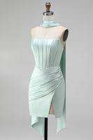 Load image into Gallery viewer, Mint Tight Ruched Strapless Corset Short Homecoming Dress with Slit