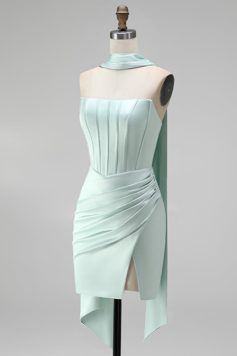 Load image into Gallery viewer, Mint Tight Ruched Strapless Corset Short Homecoming Dress with Slit