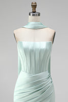 Load image into Gallery viewer, Mint Tight Ruched Strapless Corset Short Homecoming Dress with Slit