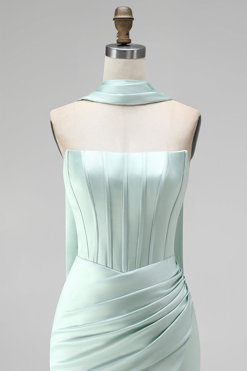 Load image into Gallery viewer, Mint Tight Ruched Strapless Corset Short Homecoming Dress with Slit