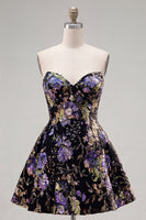 Load image into Gallery viewer, Sparkly Purple Floral A Line Beaded Short Strapless Homecoming Dress