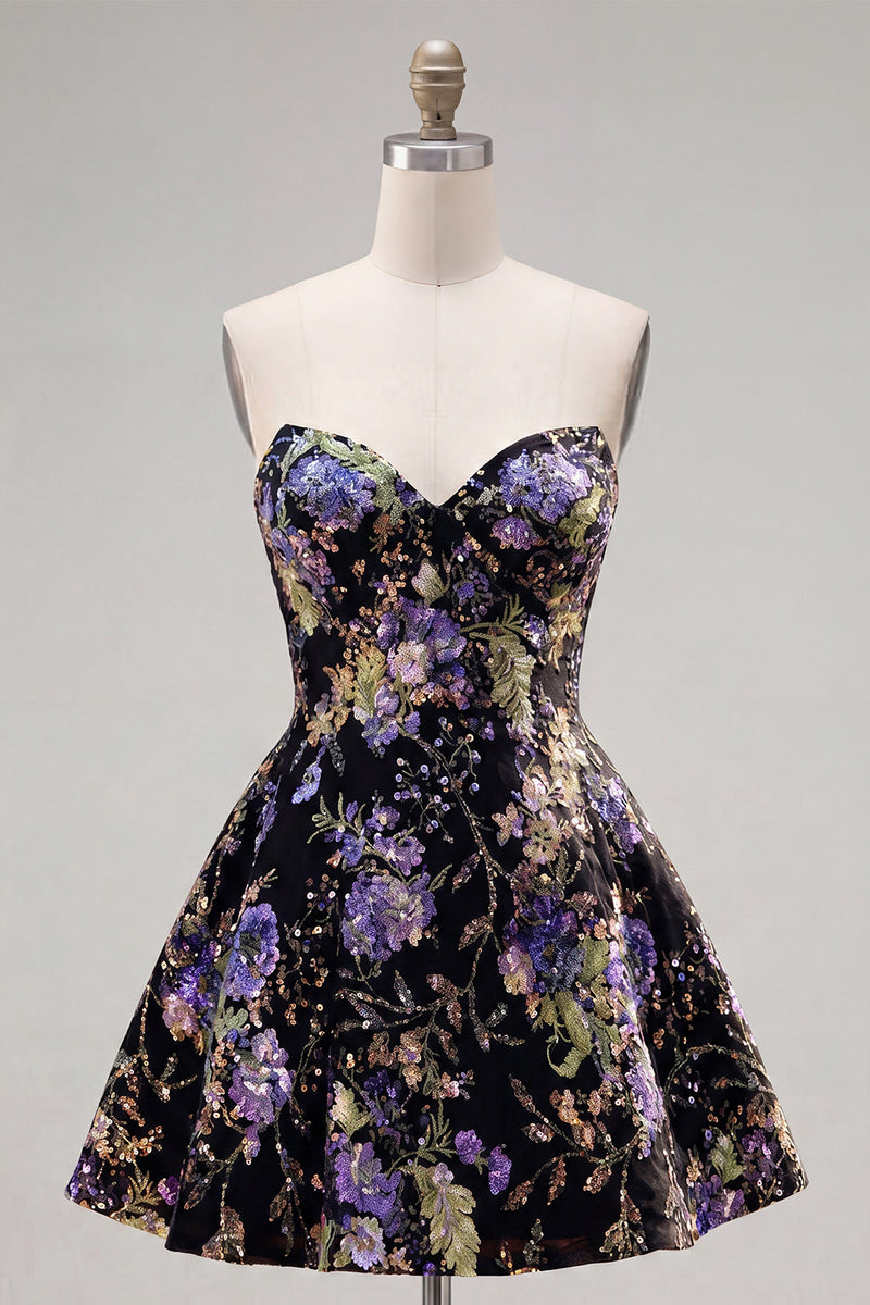Load image into Gallery viewer, Sparkly Purple Floral A Line Beaded Short Strapless Homecoming Dress
