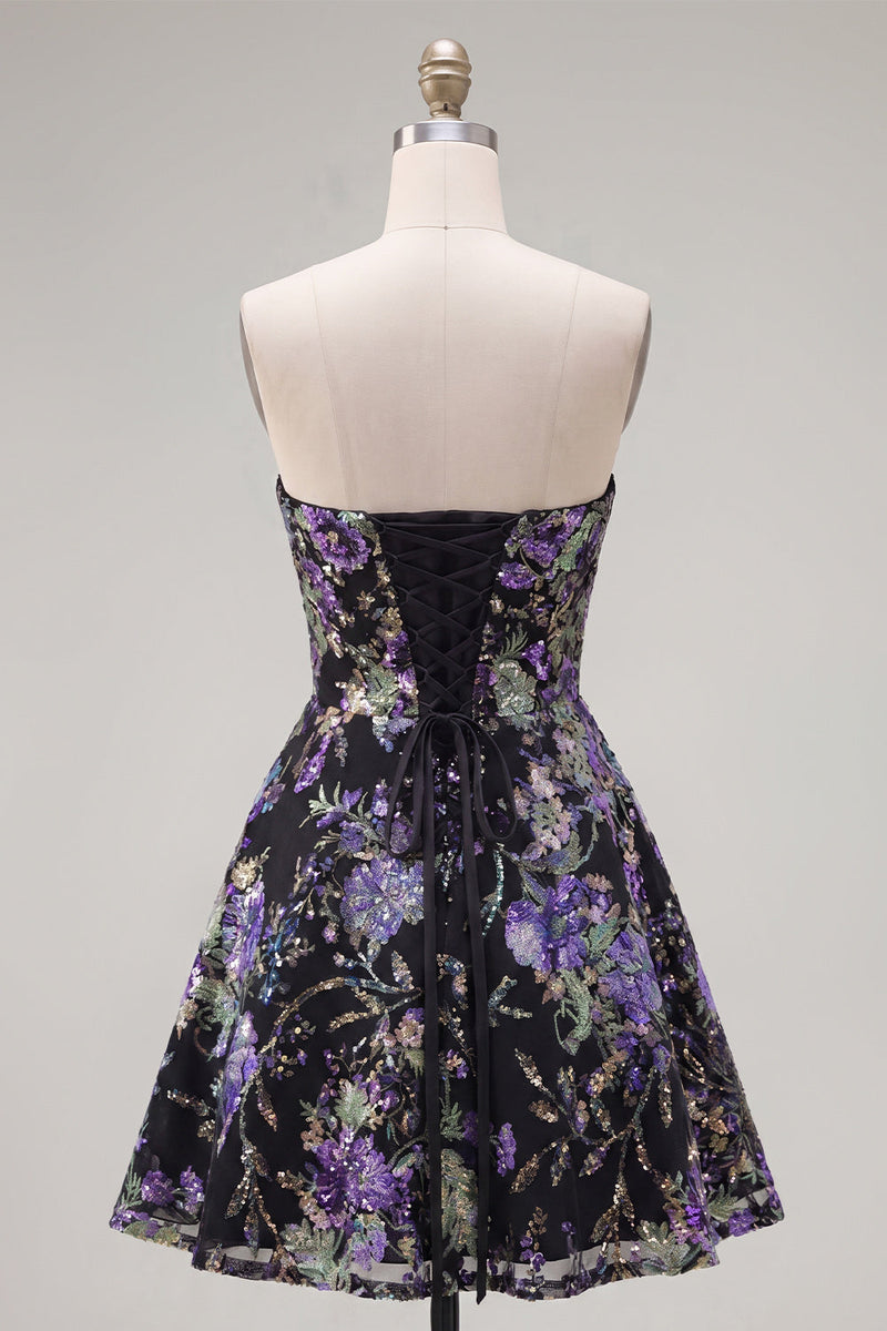 Load image into Gallery viewer, Sparkly Purple Floral A Line Beaded Short Strapless Homecoming Dress