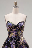 Load image into Gallery viewer, Sparkly Purple Floral A Line Beaded Short Strapless Homecoming Dress