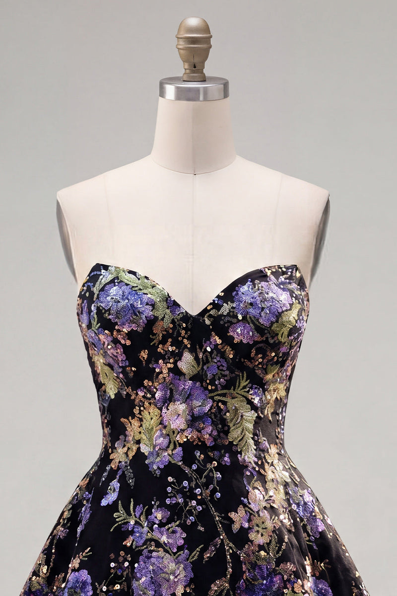 Load image into Gallery viewer, Sparkly Purple Floral A Line Beaded Short Strapless Homecoming Dress