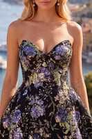 Load image into Gallery viewer, Sparkly Purple Floral A Line Beaded Short Strapless Homecoming Dress