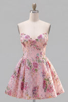 Load image into Gallery viewer, Sparkly Purple Floral A Line Beaded Short Strapless Homecoming Dress