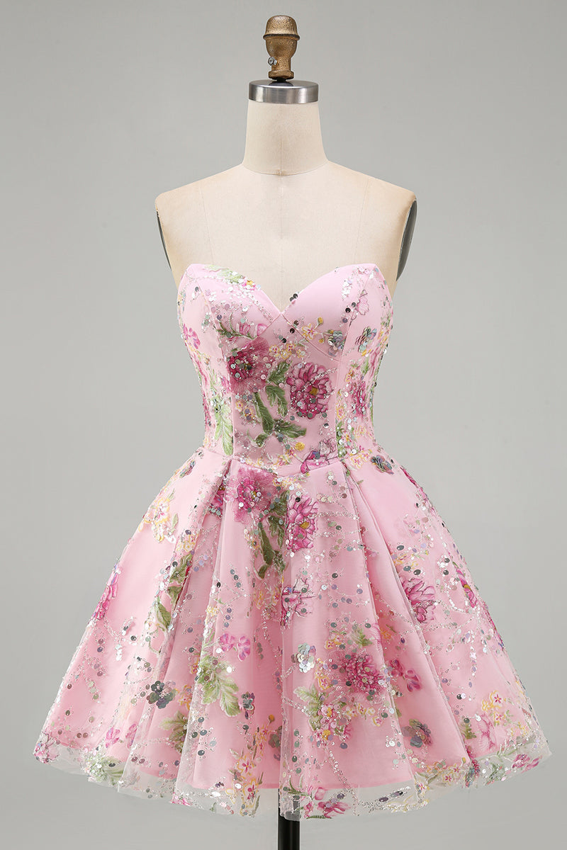 Load image into Gallery viewer, Sparkly Purple Floral A Line Beaded Short Strapless Homecoming Dress