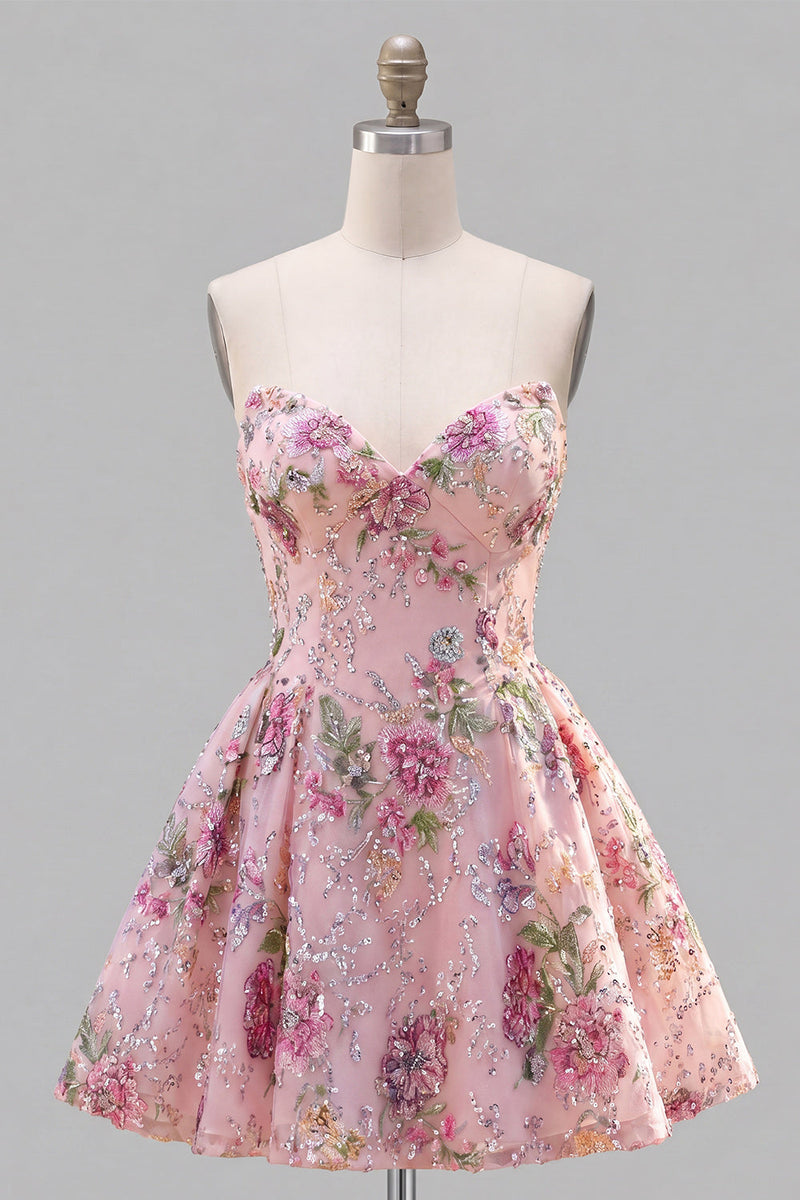 Load image into Gallery viewer, Sparkly Purple Floral A Line Beaded Short Strapless Homecoming Dress