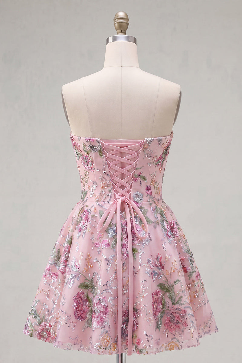 Load image into Gallery viewer, Sparkly Purple Floral A Line Beaded Short Strapless Homecoming Dress