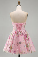 Load image into Gallery viewer, Sparkly Purple Floral A Line Beaded Short Strapless Homecoming Dress