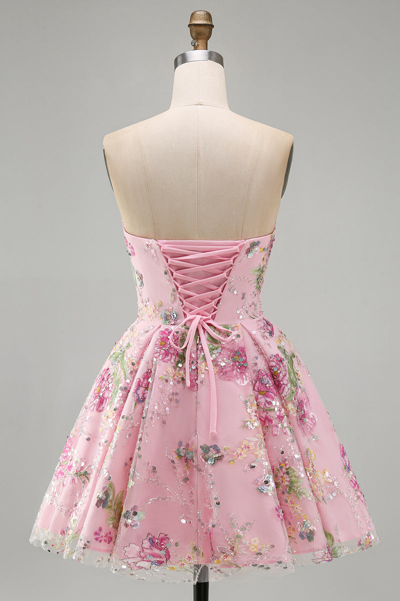 Load image into Gallery viewer, Sparkly Purple Floral A Line Beaded Short Strapless Homecoming Dress