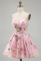 Load image into Gallery viewer, Sparkly Purple Floral A Line Beaded Short Strapless Homecoming Dress