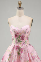 Load image into Gallery viewer, Sparkly Purple Floral A Line Beaded Short Strapless Homecoming Dress