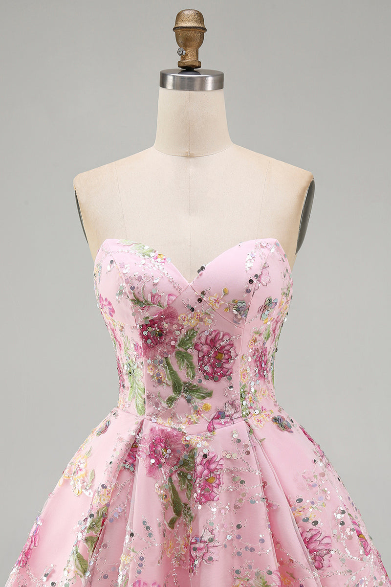 Load image into Gallery viewer, Sparkly Purple Floral A Line Beaded Short Strapless Homecoming Dress