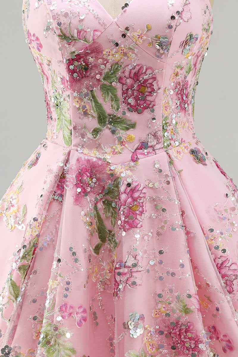 Load image into Gallery viewer, Sparkly Purple Floral A Line Beaded Short Strapless Homecoming Dress