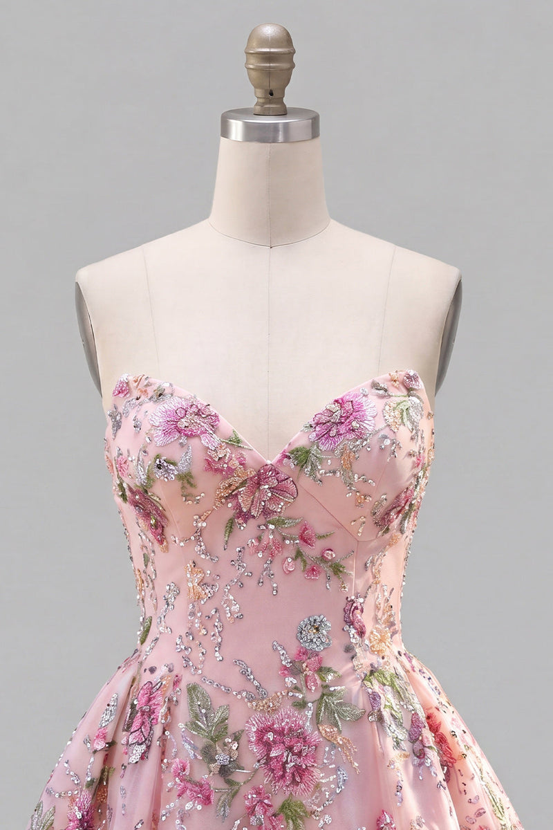 Load image into Gallery viewer, Sparkly Purple Floral A Line Beaded Short Strapless Homecoming Dress