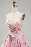 Load image into Gallery viewer, Sparkly Purple Floral A Line Beaded Short Strapless Homecoming Dress