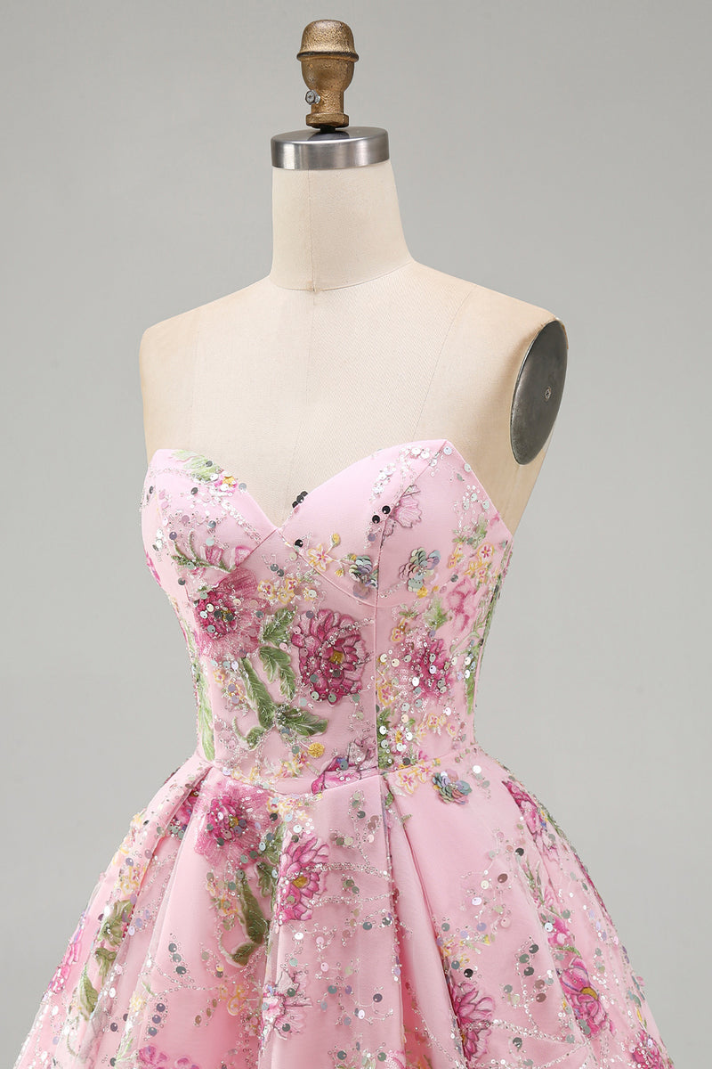 Load image into Gallery viewer, Sparkly Purple Floral A Line Beaded Short Strapless Homecoming Dress