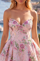 Load image into Gallery viewer, Sparkly Purple Floral A Line Beaded Short Strapless Homecoming Dress