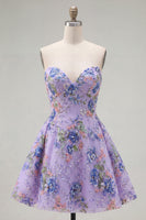 Load image into Gallery viewer, Sparkly Purple Floral A Line Beaded Short Strapless Homecoming Dress