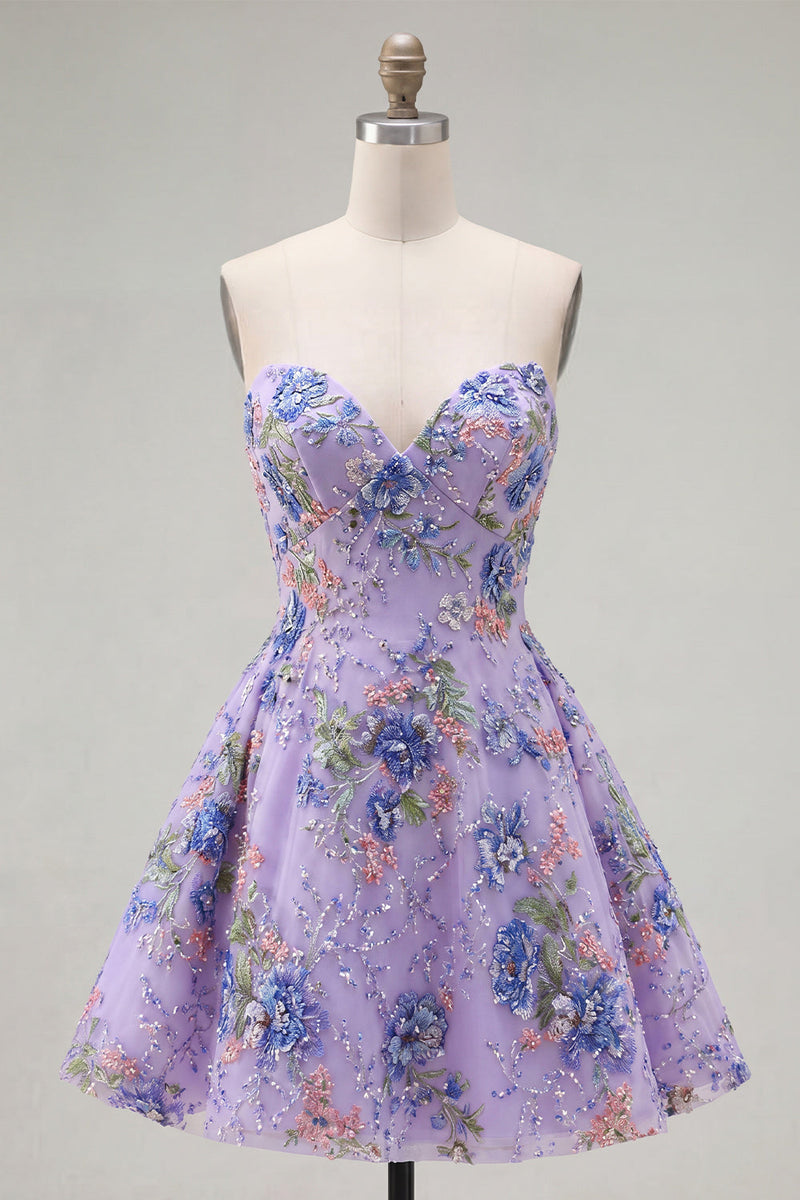 Load image into Gallery viewer, Sparkly Purple Floral A Line Beaded Short Strapless Homecoming Dress