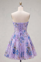 Load image into Gallery viewer, Sparkly Purple Floral A Line Beaded Short Strapless Homecoming Dress
