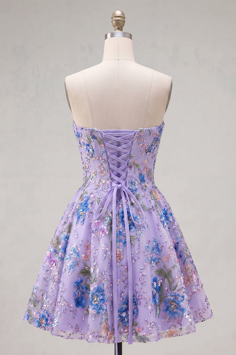 Load image into Gallery viewer, Sparkly Purple Floral A Line Beaded Short Strapless Homecoming Dress